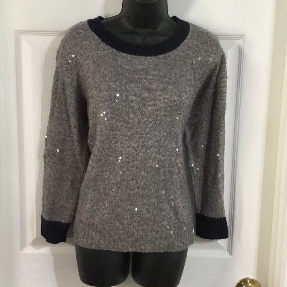 J. Crew Grey Sequin Knit Sweater with Navy Trim, size XL.